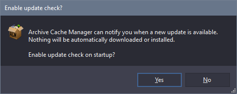 Archive Cache Manager update check prompt