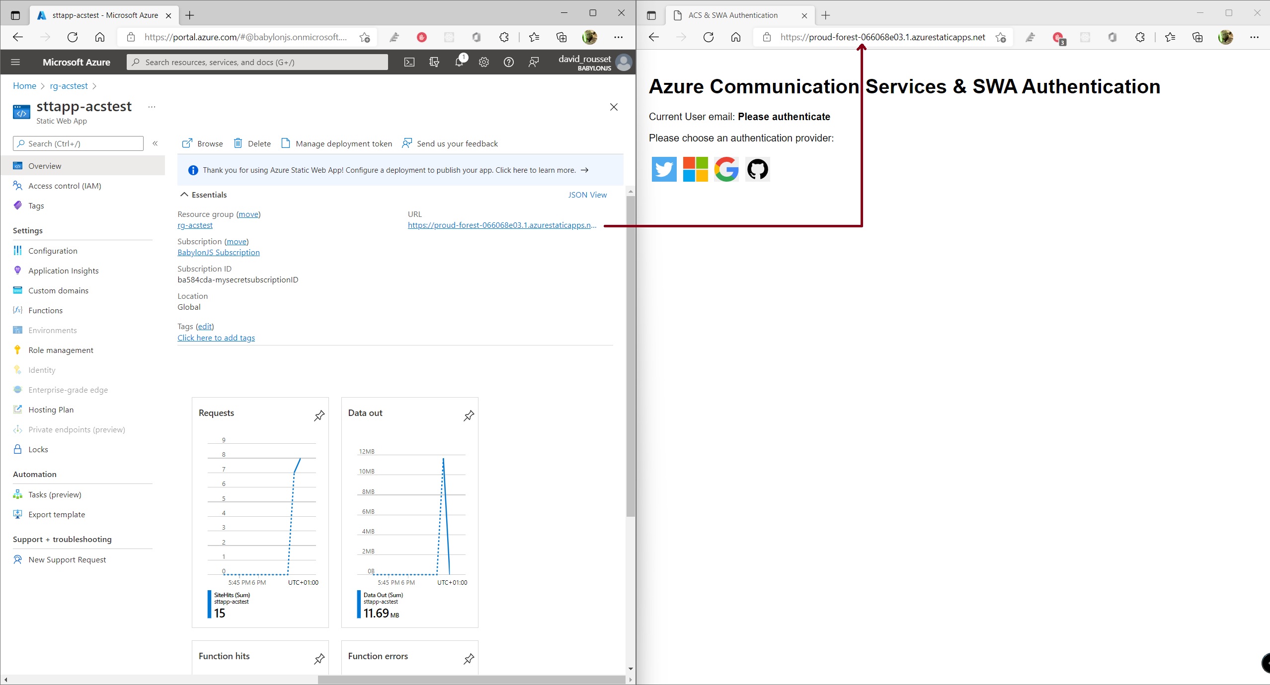 Navigating to the URL of the Static Web App from the Azure Portal