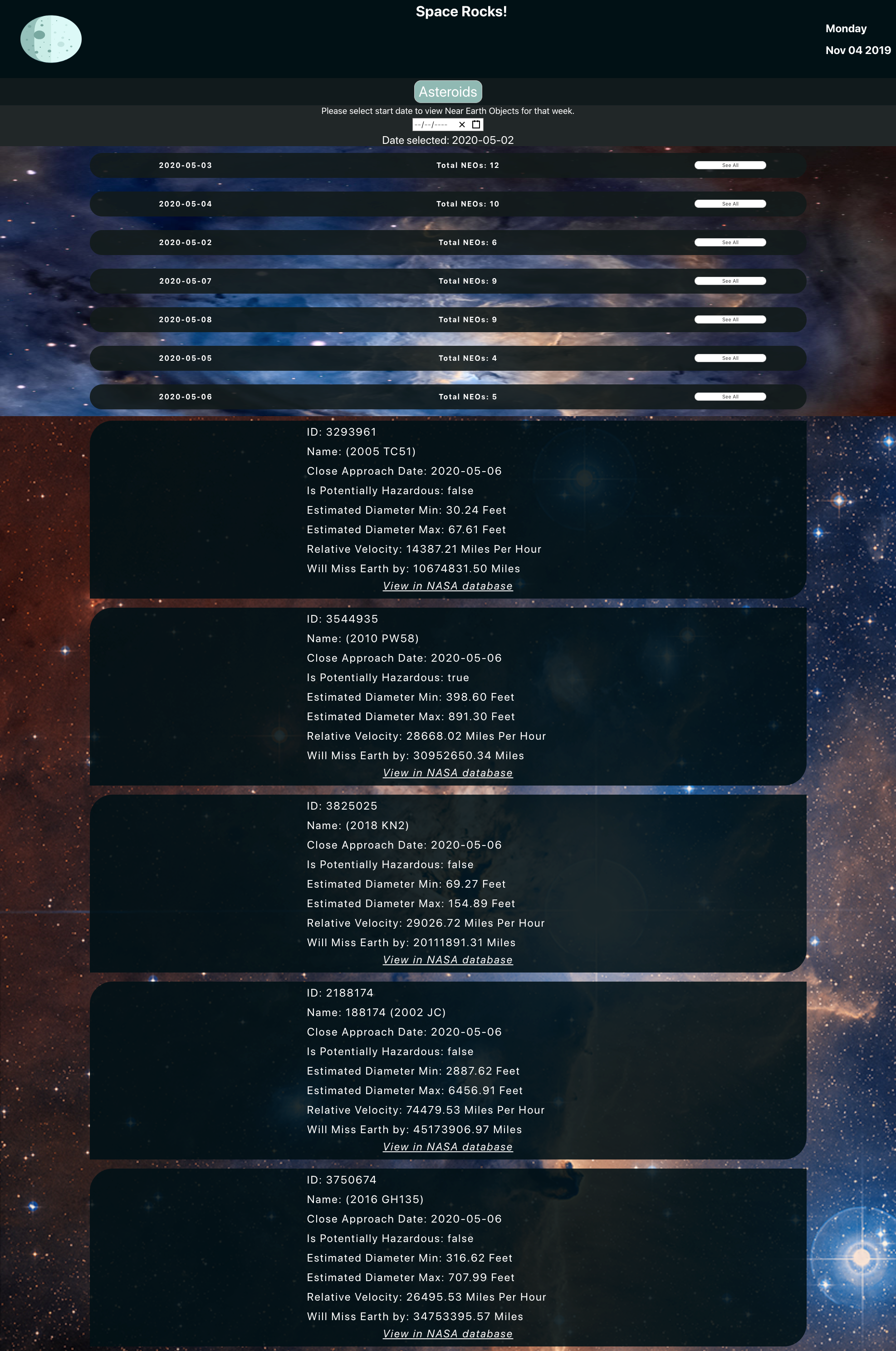 Space Rocks asteroid page allows you click on a date and see and NEOs for that day