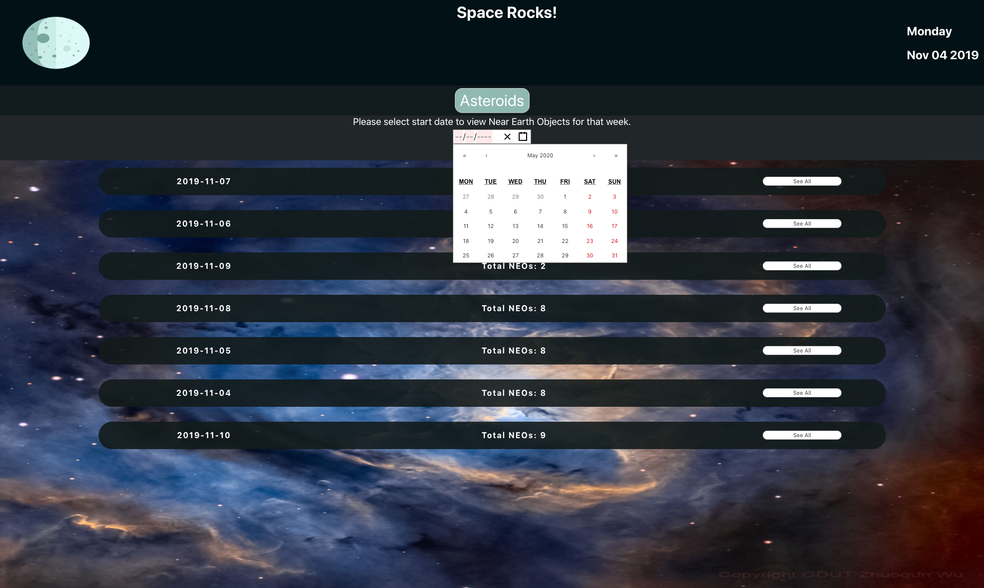 Space Rocks asteroid page allows search by picking a start date