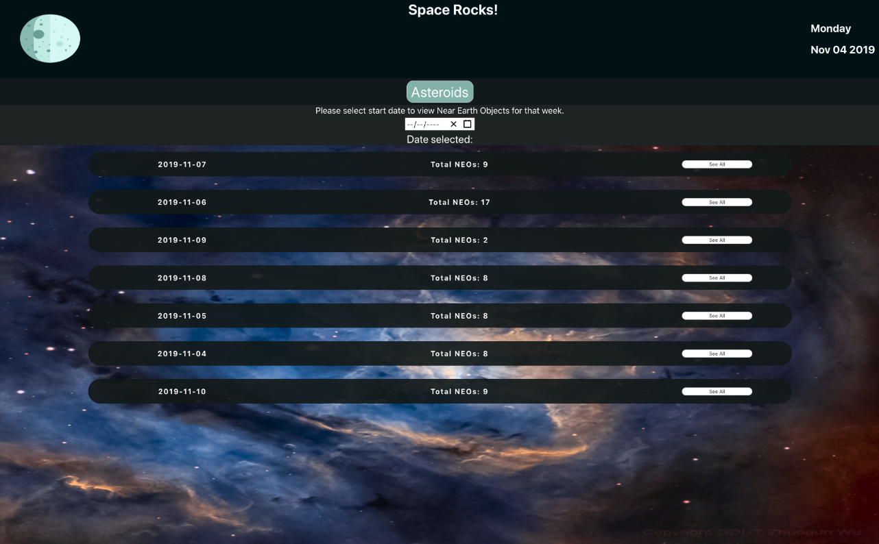 Space Rocks asteroid page loads with the current week