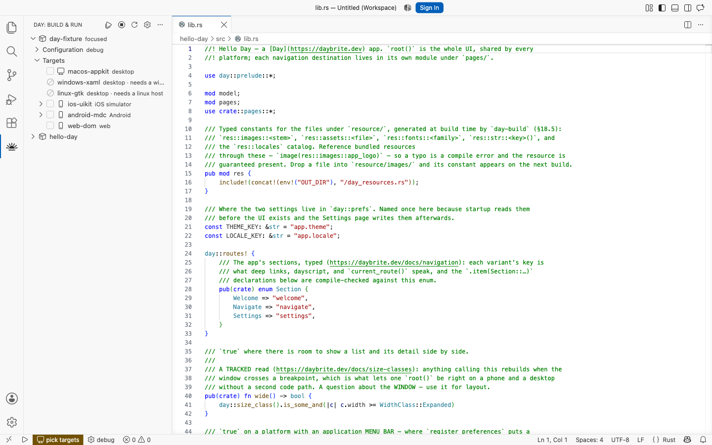 The Day view listing a project, its targets and its devices, beside a Rust file