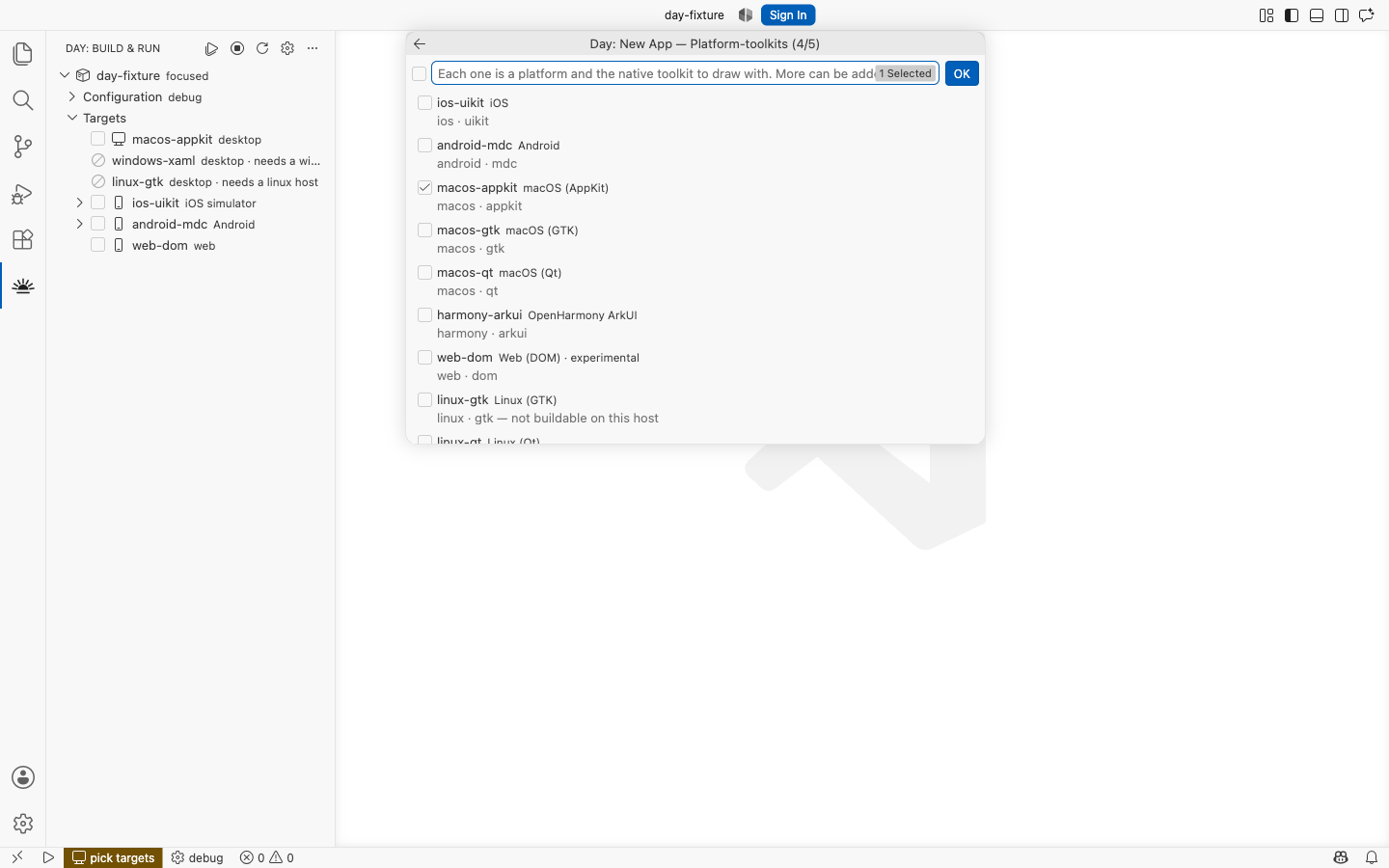 Choosing platform-toolkits in the New Project wizard