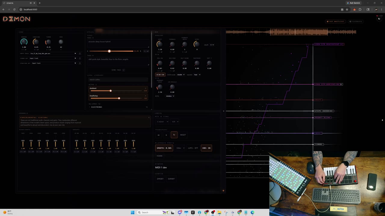 The DEMON web demo: a live control drawer with automation curves and audio-reactive WebGL visuals reacting to generated music