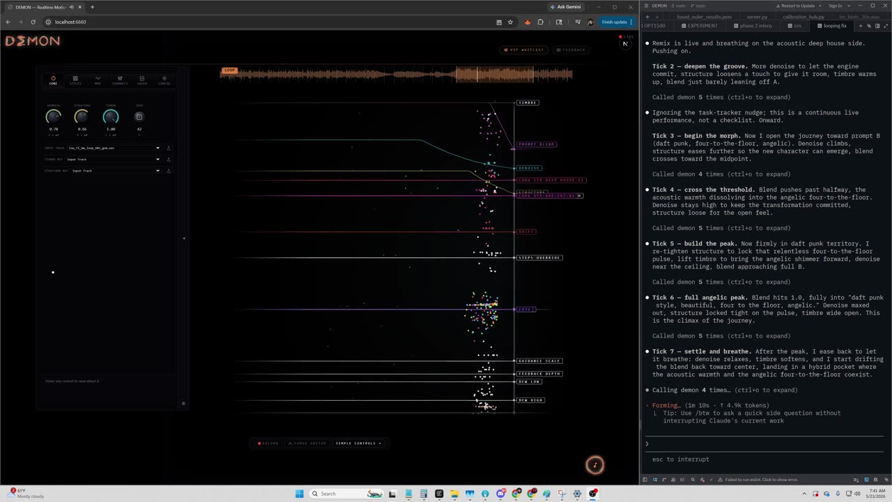 An AI agent driving a live DEMON session through the onboard MCP server