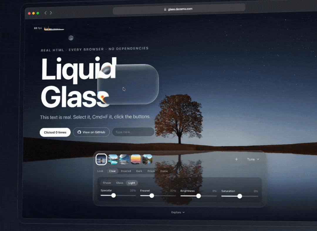 Liquid Glass lens over a night-sky lake scene, with the tuning controls below