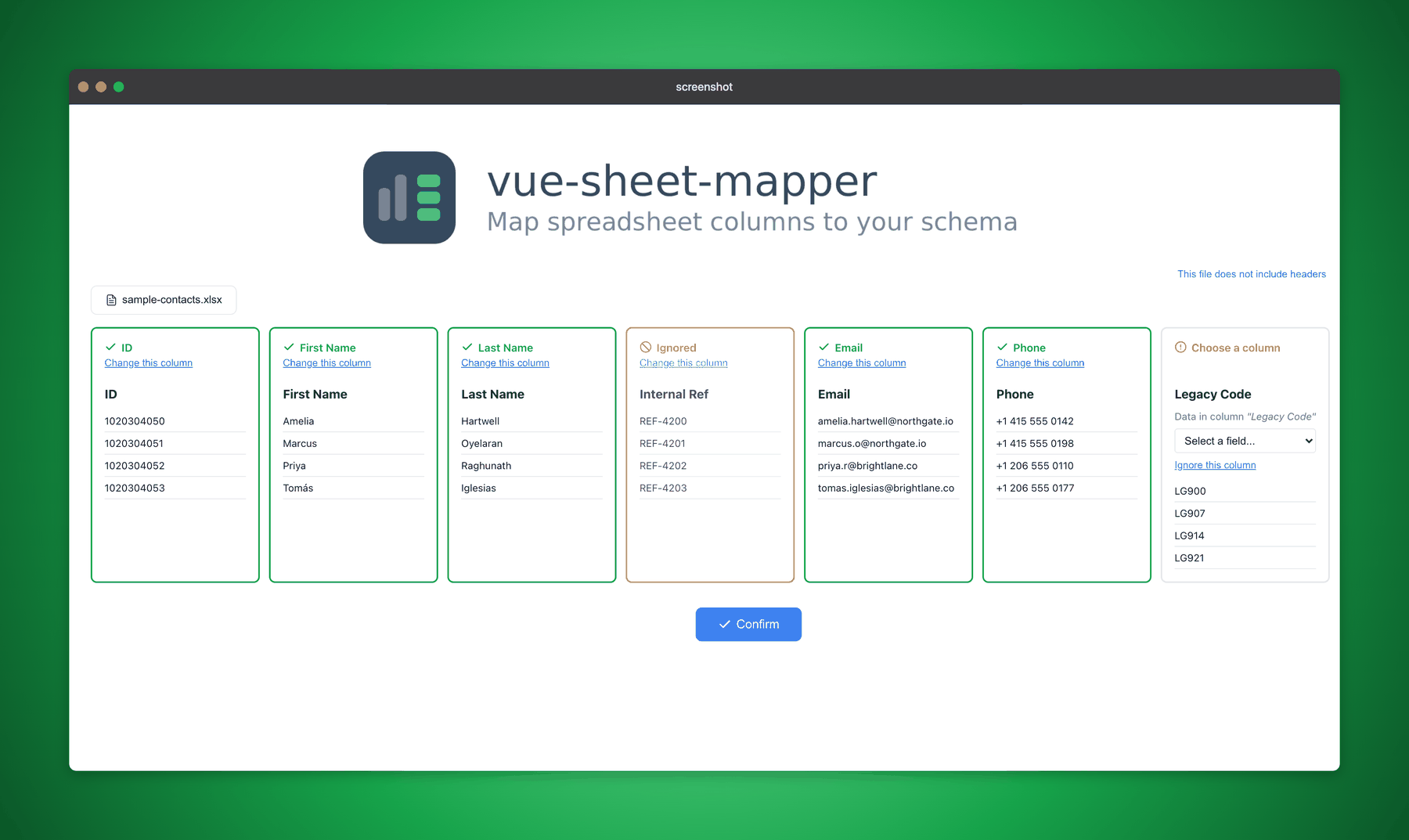 Column mapping screen: each spreadsheet column is a card with a data preview — matched columns in green, an ignored column in orange, and an unmatched one waiting for the user to pick a field
