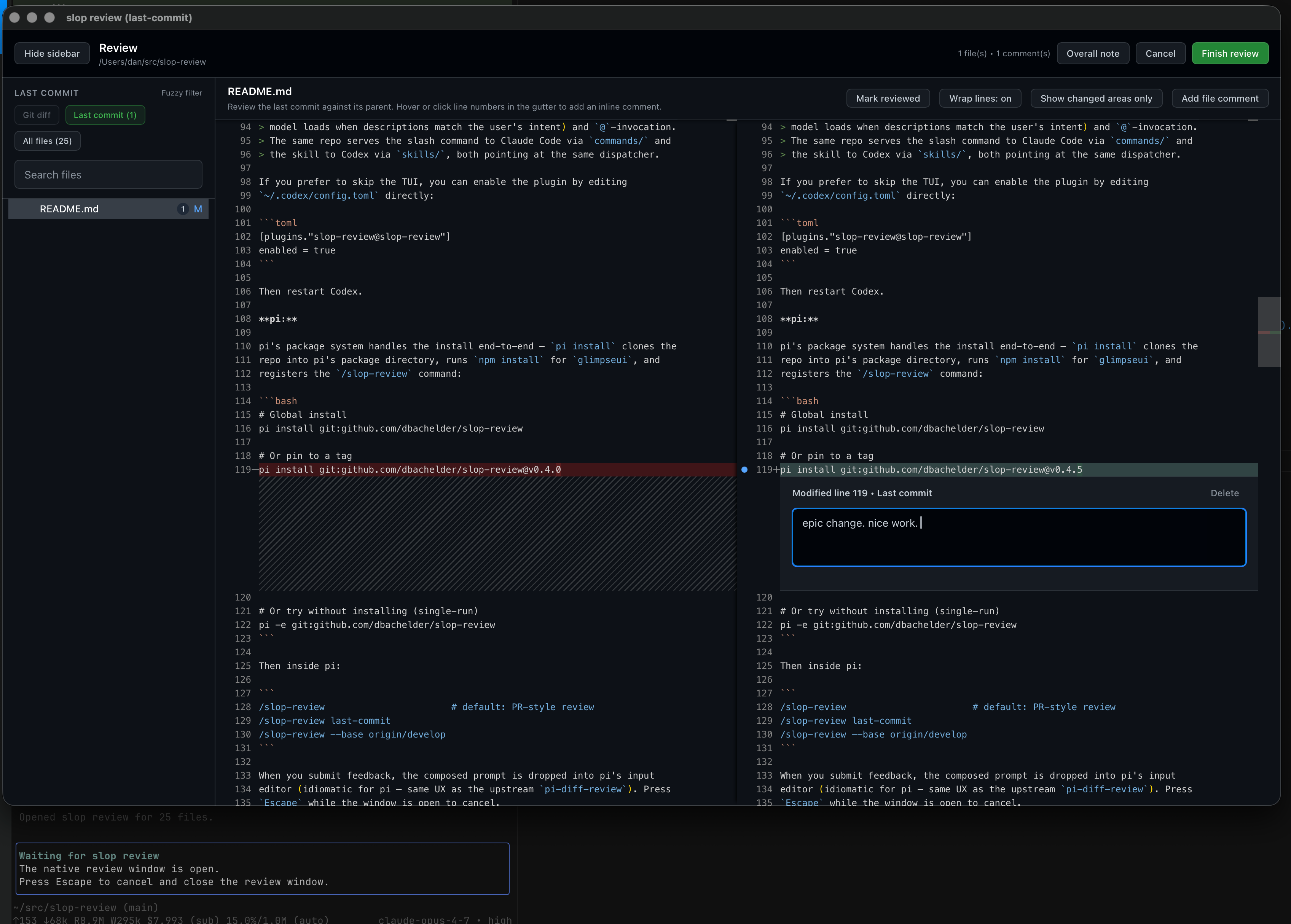 slop-review reviewing its own README change