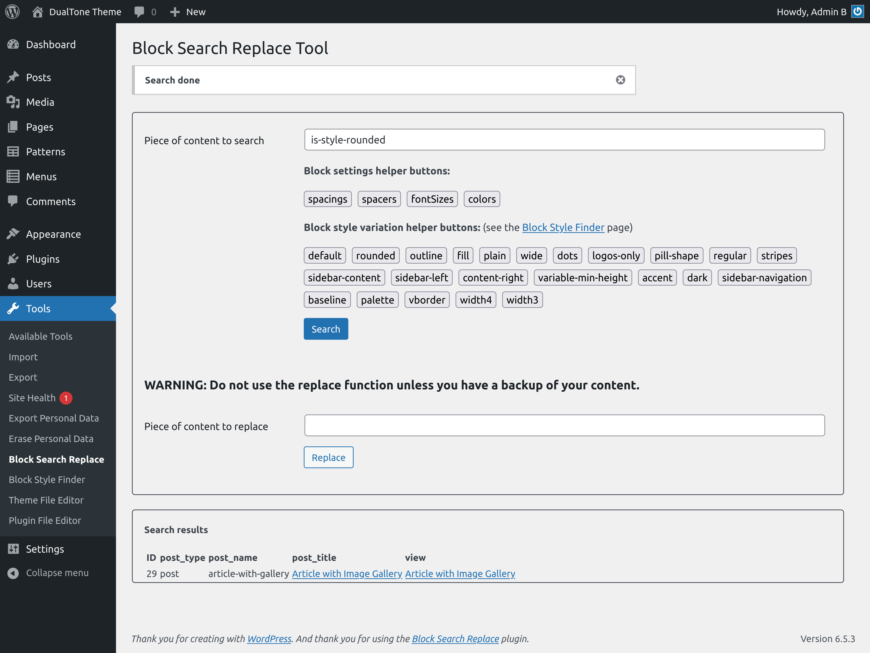Block search replace tool