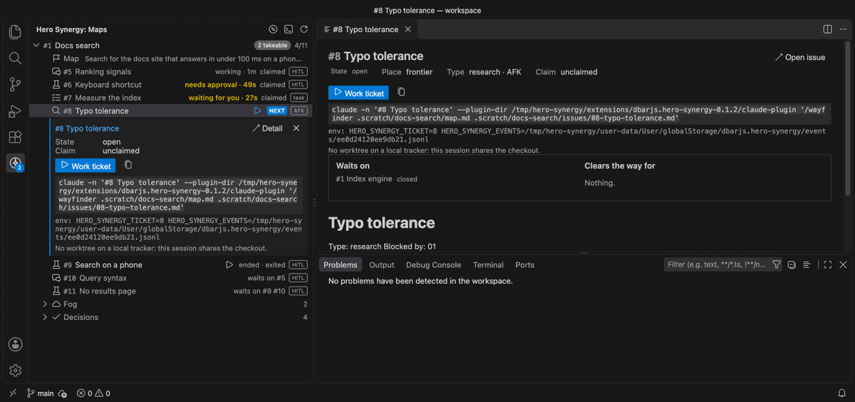 A click on ▶ beside the frontier ticket #8 Typo tolerance opens a terminal named after the ticket. The row goes from starting to live, the session claims the ticket, and the row goes to working, then to waiting for you.
