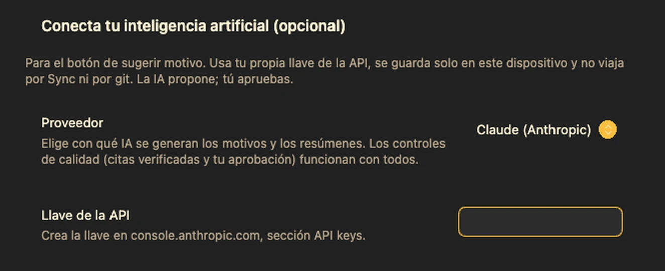 The AI section of the settings: provider, key, and the test button