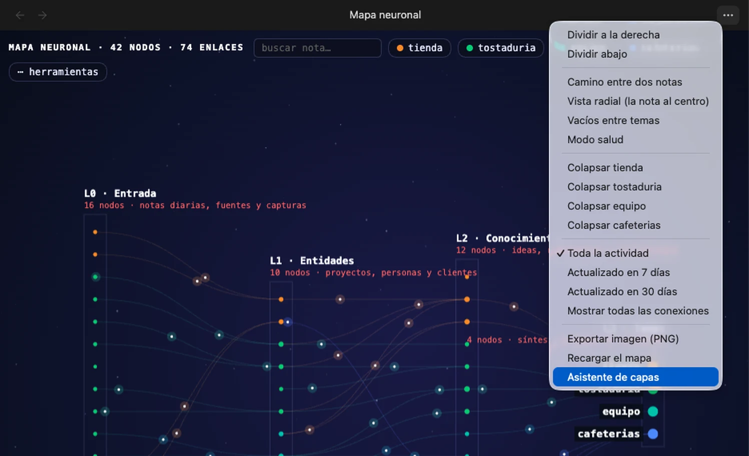 The tools menu: paths, radial view, gaps, health mode, collapsing topics, recent activity and export
