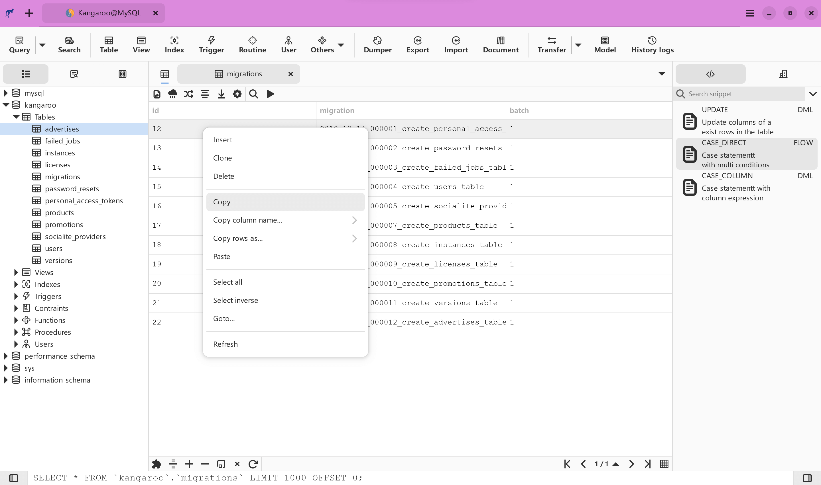 Kangaroo grid view in table with where statement