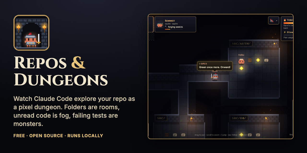 Repos & Dungeons — watch Claude Code explore your repo as a pixel dungeon