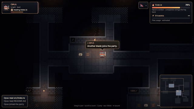 Claude heroes exploring a repo dungeon, fighting test slimes, talking in speech bubbles