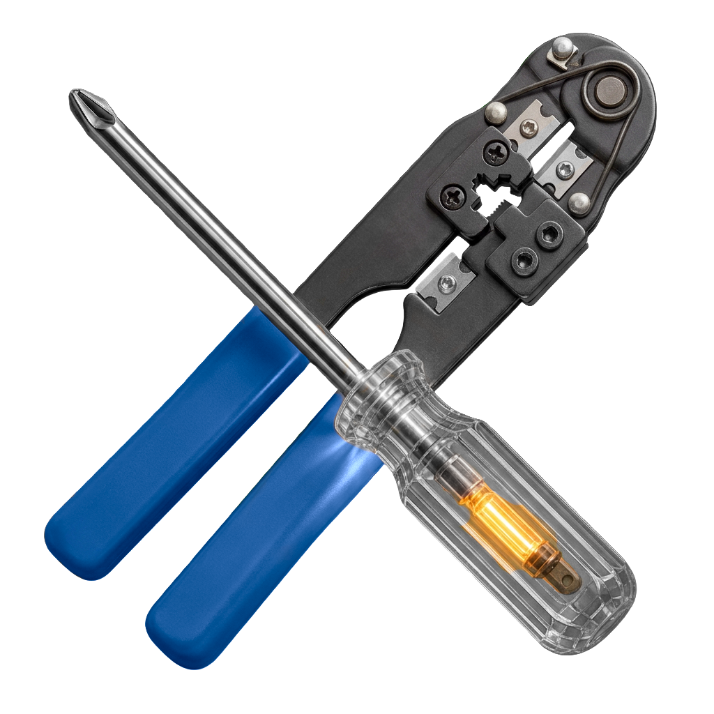 Two crossed hand tools: a network cable crimping tool and a screwdriver/voltage tester with a transparent handle. The screwdriver handle glows on its own.