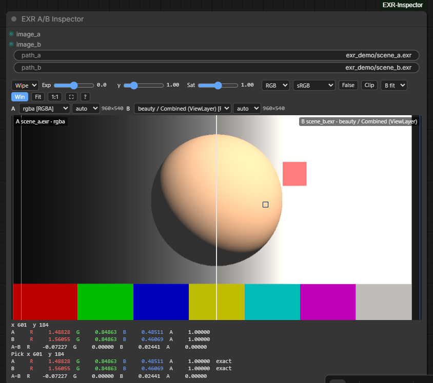EXR A/B Inspector node: wipe between two EXRs, with raw values under the cursor
