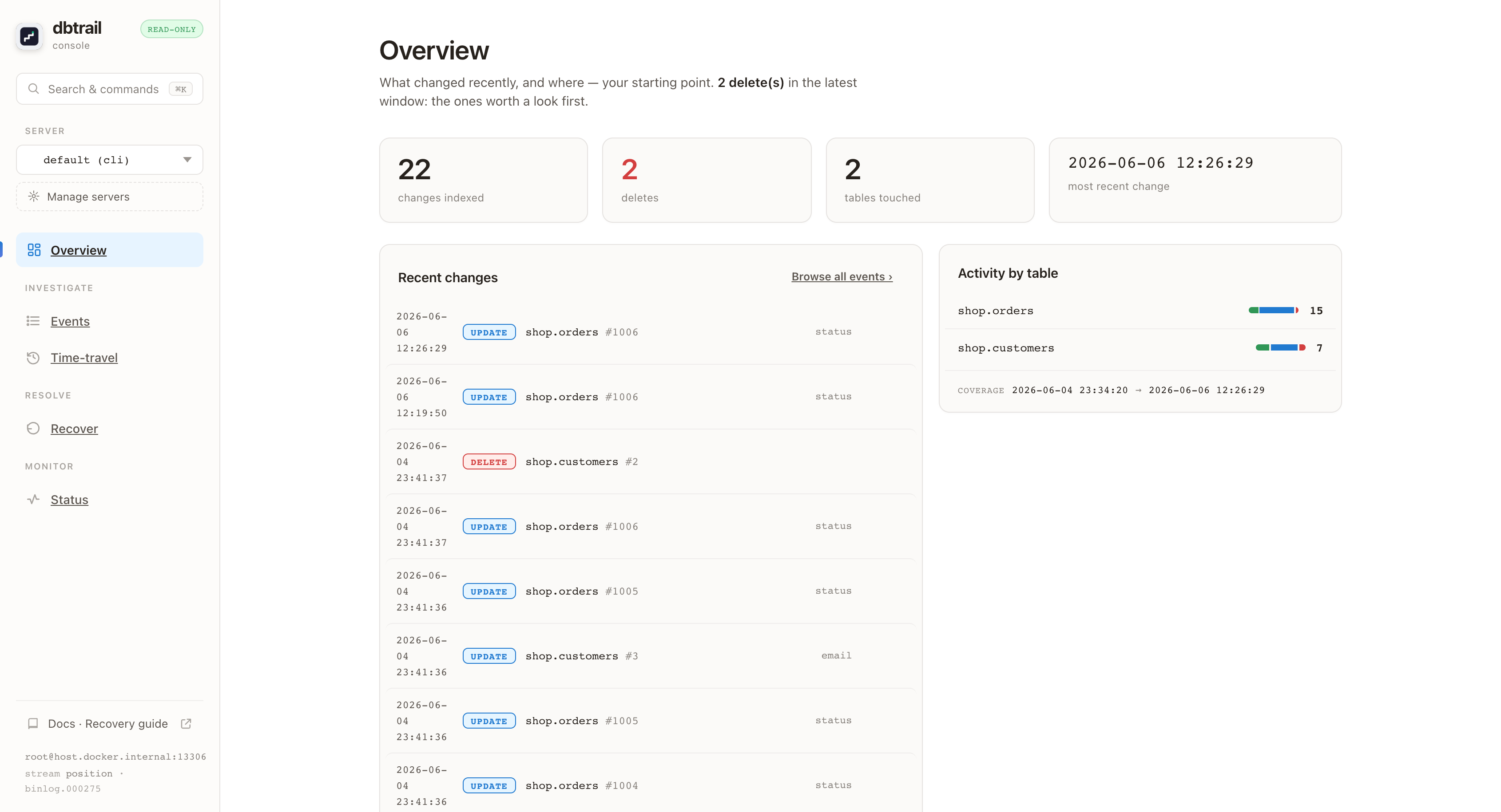 dbtrail console: what changed recently and where — every row change indexed, deletes surfaced first