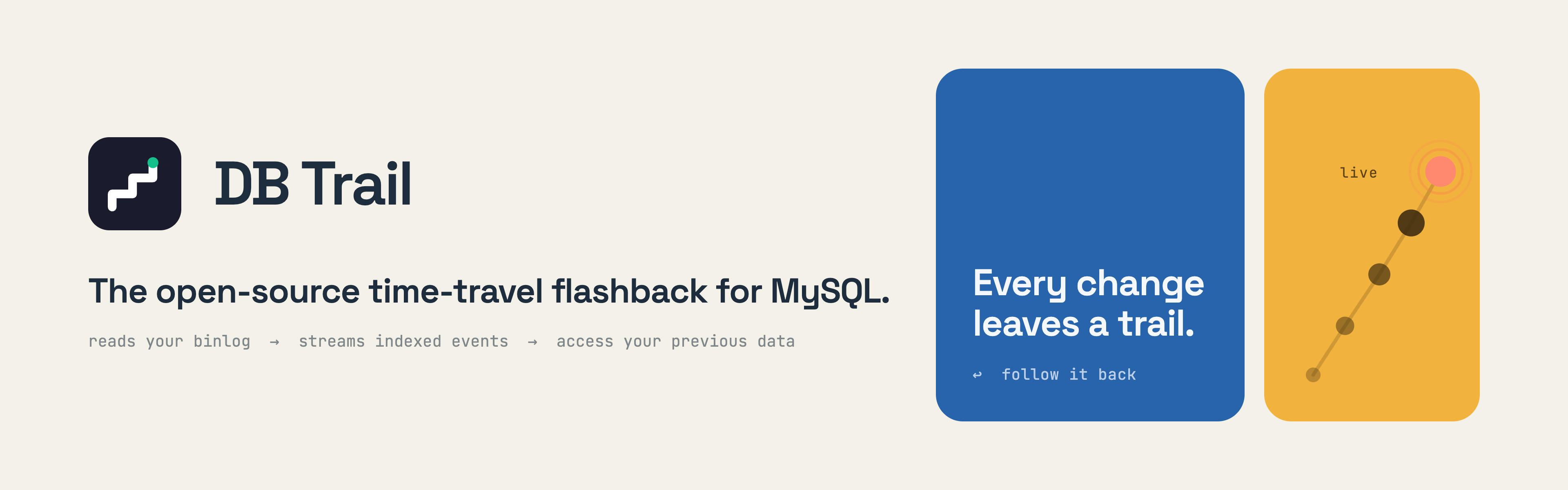 dbtrail — the open-source time-travel flashback for MySQL. Every change leaves a trail: follow it back.