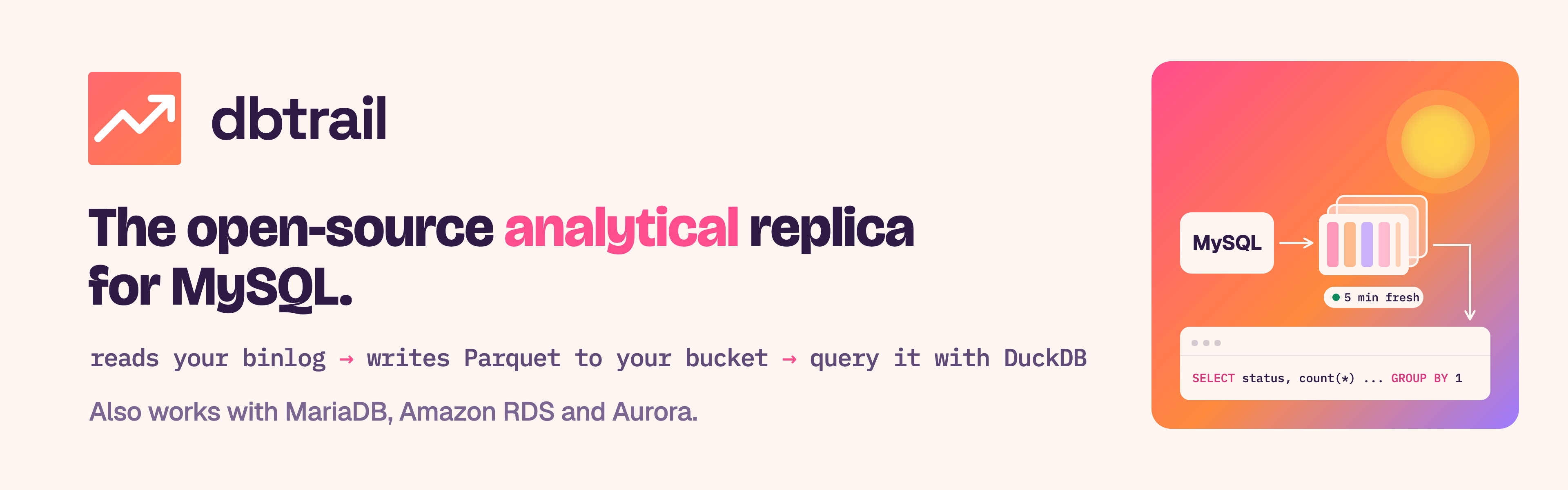 DBTrail: the open-source analytical replica for MySQL. Reads your binlog, writes Parquet to your bucket, query it with DuckDB.