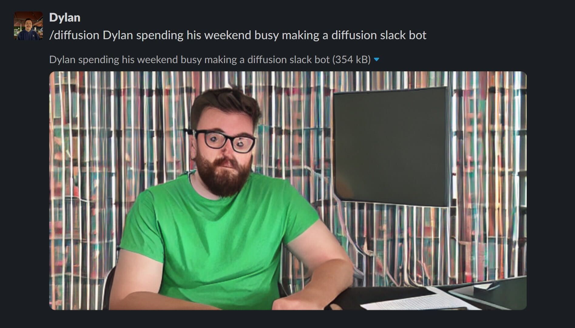 dylan hacking a slack diffusion bot together