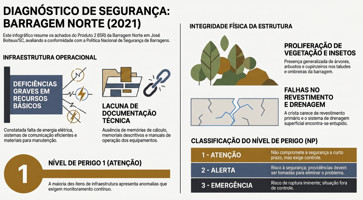 Infográfico Diagnóstico de Segurança: Barragem Norte (2021), com achados do Laudo Hydros 2021