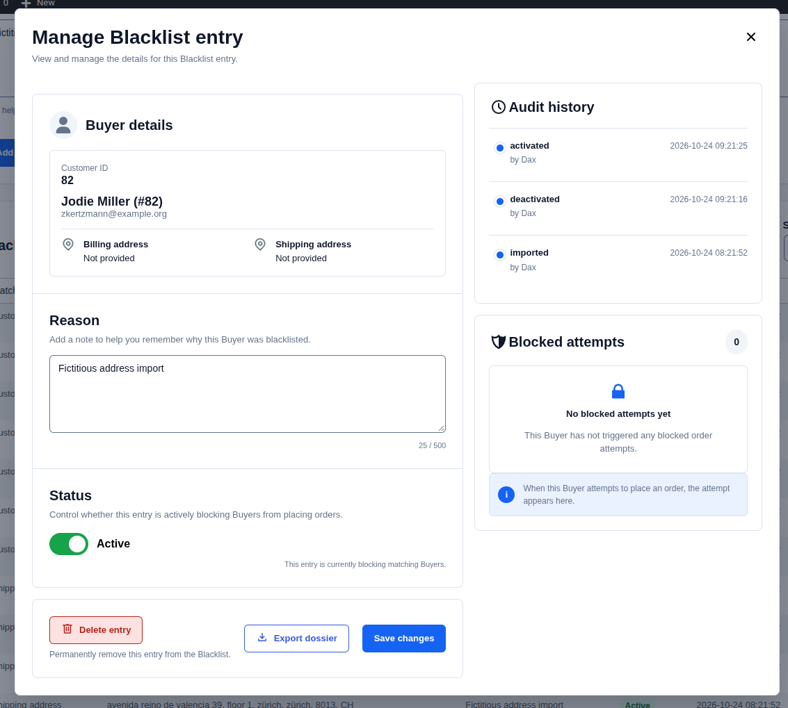 The Manage Blacklist entry dialog