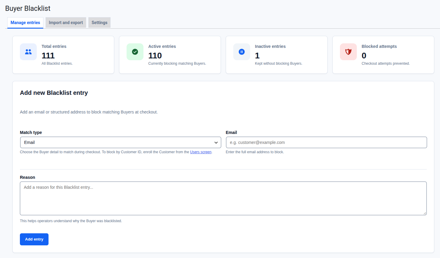 The Manage entries tab with the summary cards and the Add new Blacklist entry form