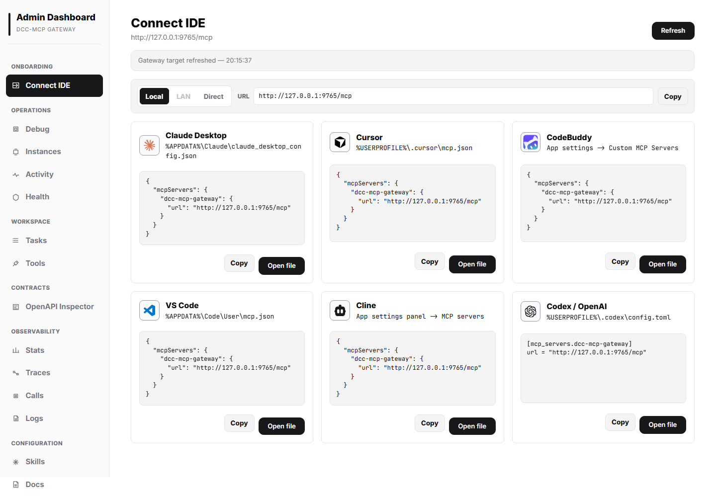 Gateway admin Connect IDE panel