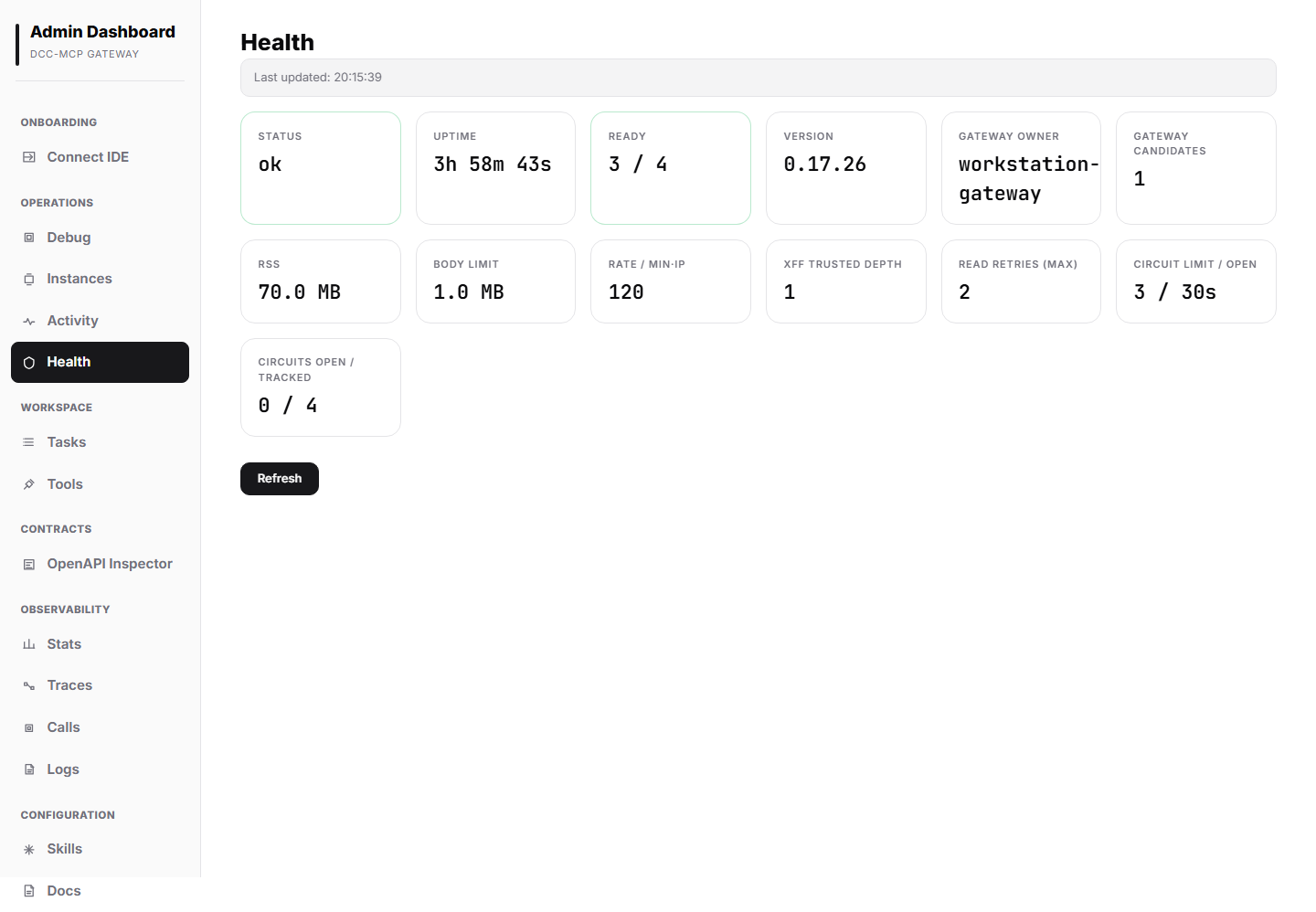 Gateway admin health panel