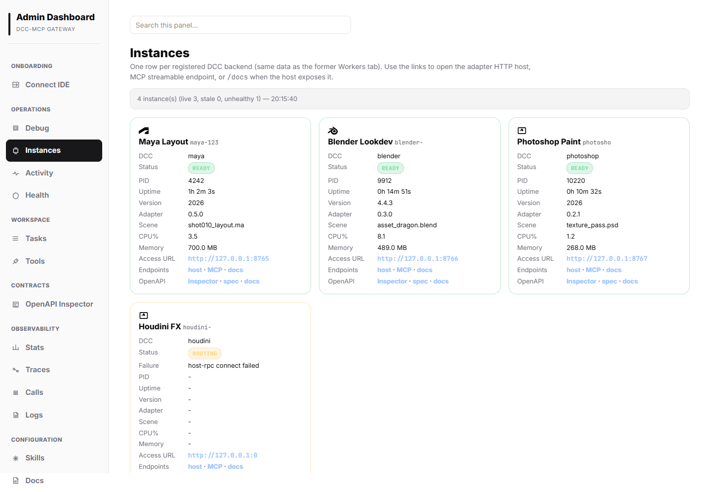 Gateway admin instances panel