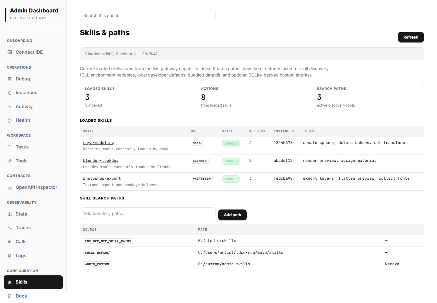 Gateway admin Skills paths panel