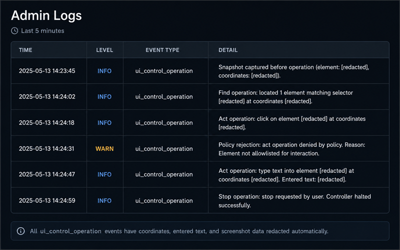 Admin Logs panel with redacted ui_control_operation events