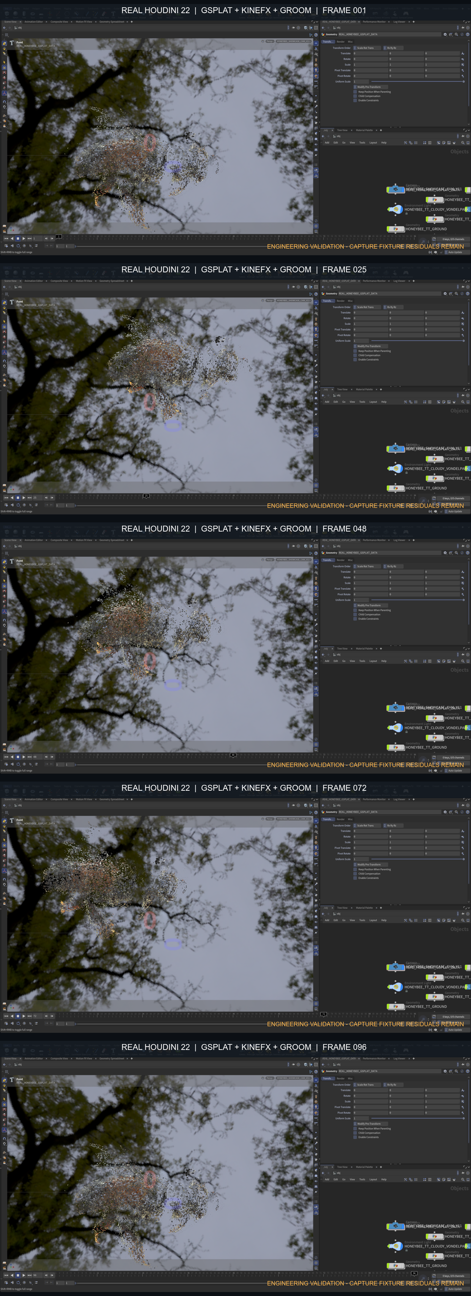 Takeoff, flight, and landing contact sheet for the captured GSplat