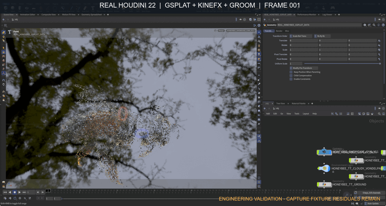 Captured GSplat animated with KineFX and Houdini Groom in an outdoor HDR environment