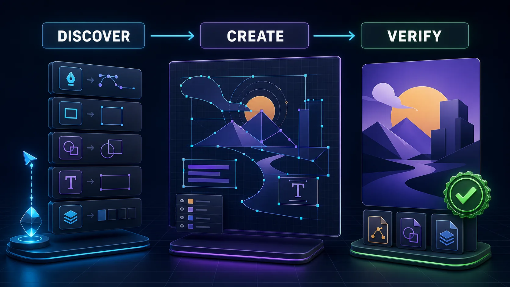 Illustrator workflow from typed tool discovery through structured vector creation to verified export