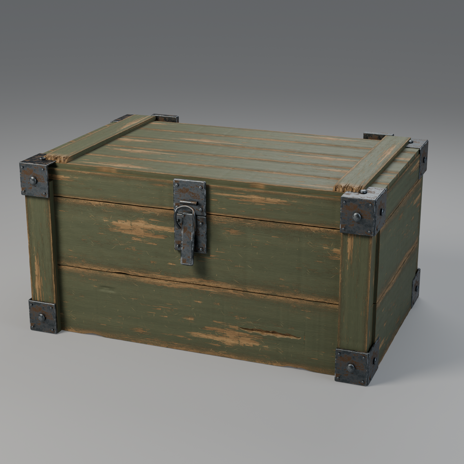 Elongated crate with procedural wood scratches and rusted hardware