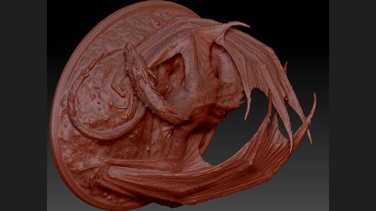 Typed ZBrush workflow validating a five-million-face Fantasy Dragon before OBJ export