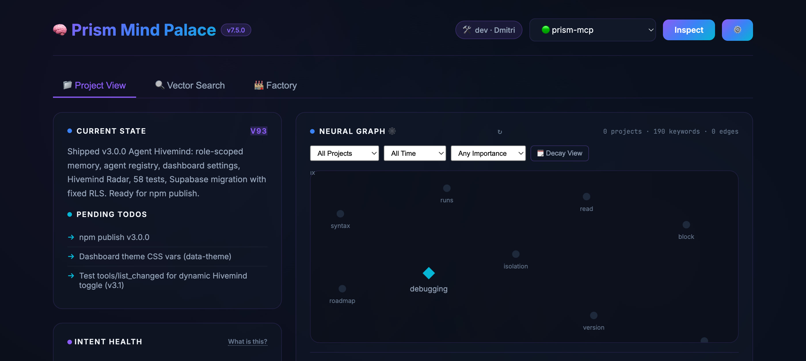 Mind Palace Dashboard — project state, neural graph, pending TODOs