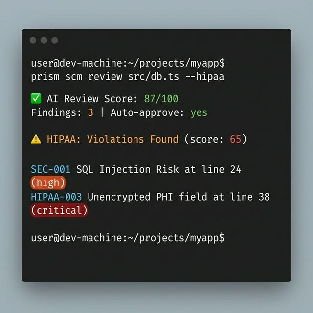 prism review — AI code review with security and HIPAA findings