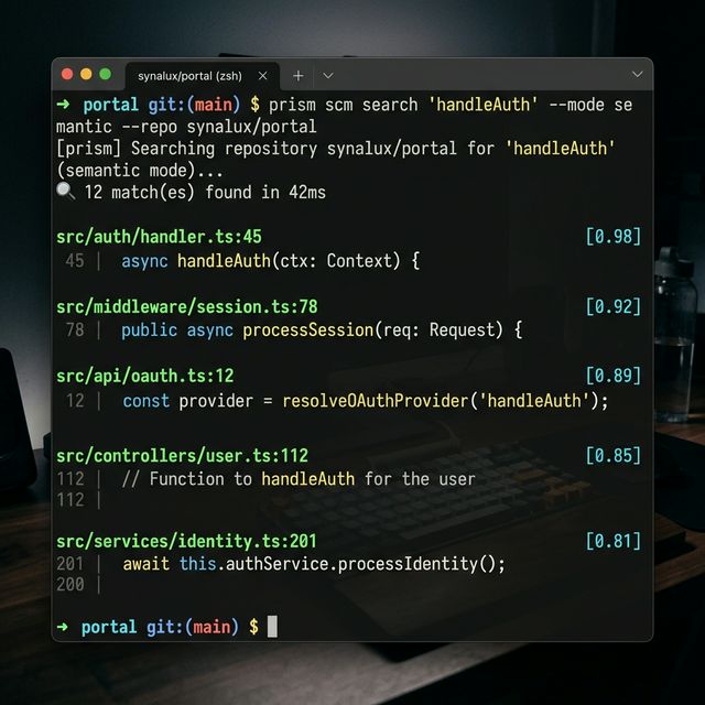 prism search — semantic code search with relevance scores
