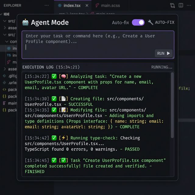 Prism Coder IDE — Agent Mode creating a component with auto-fix and type-checking