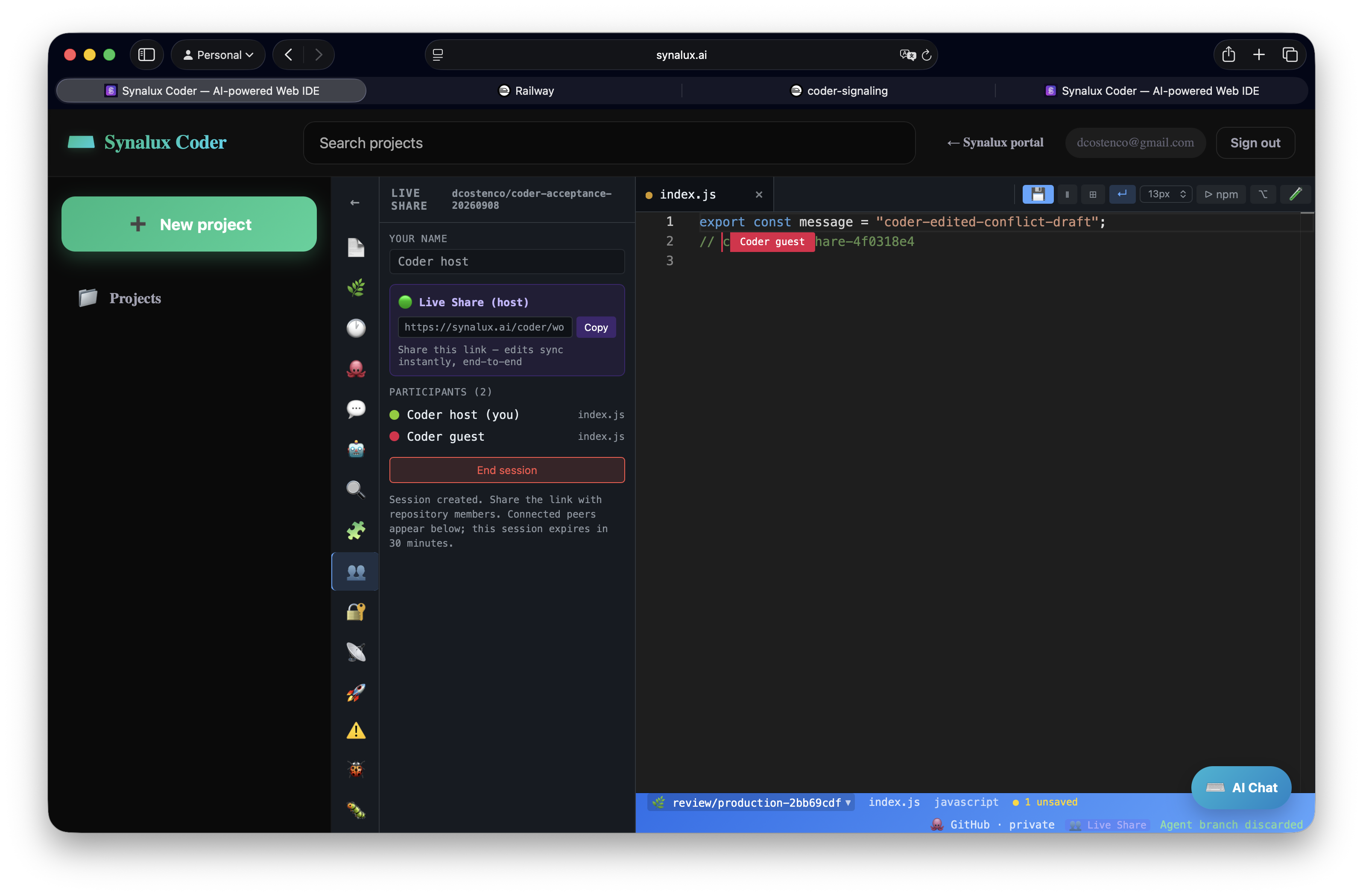 Live Share host with two participants and the guest cursor on a synchronized edit