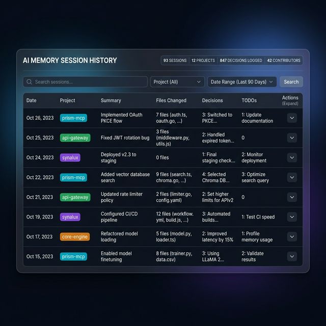 Session Ledger — 93 sessions, 847 decisions logged across 12 projects