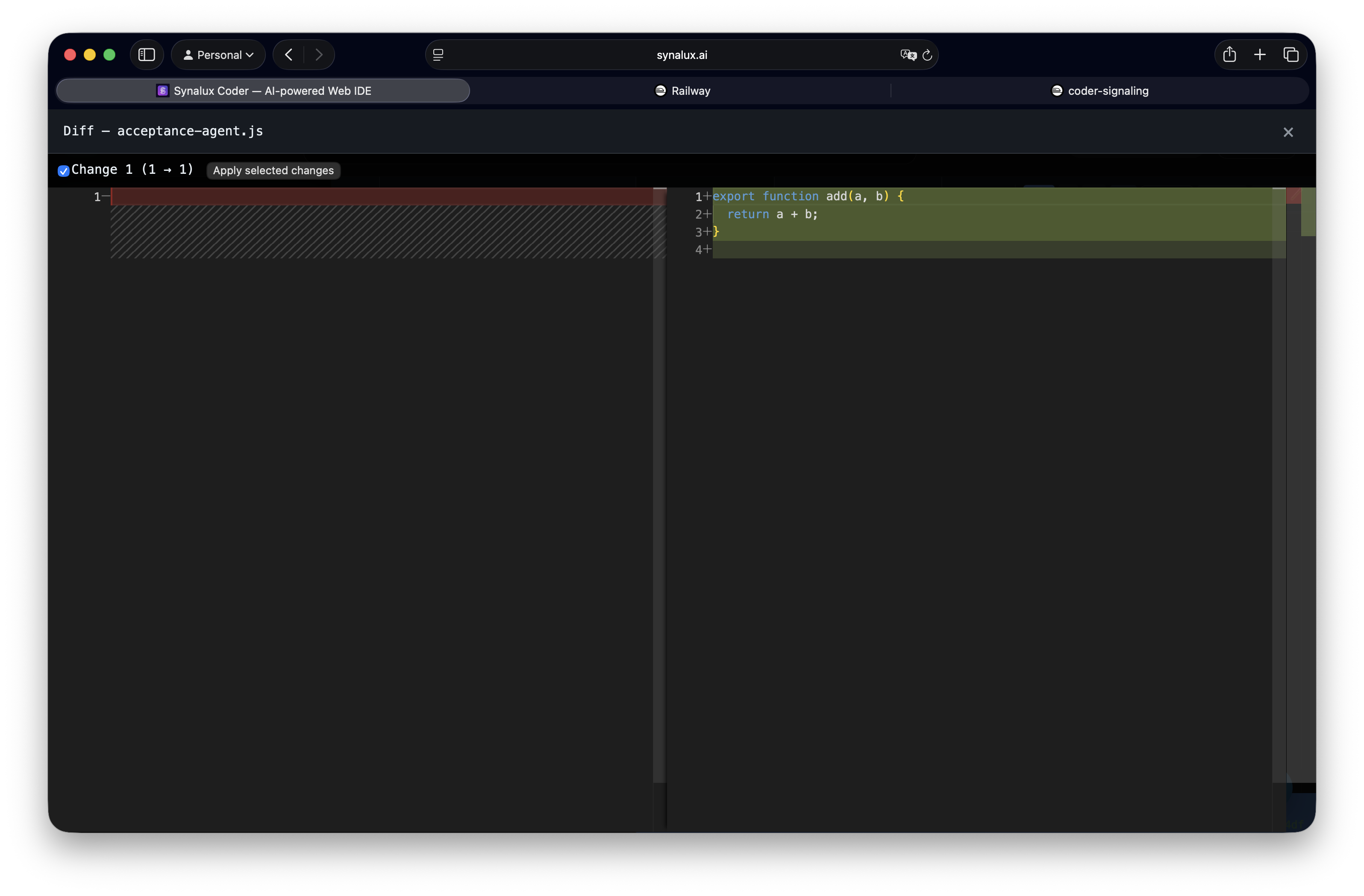 Live Coder Agent diff showing a proposed add function and Apply selected changes