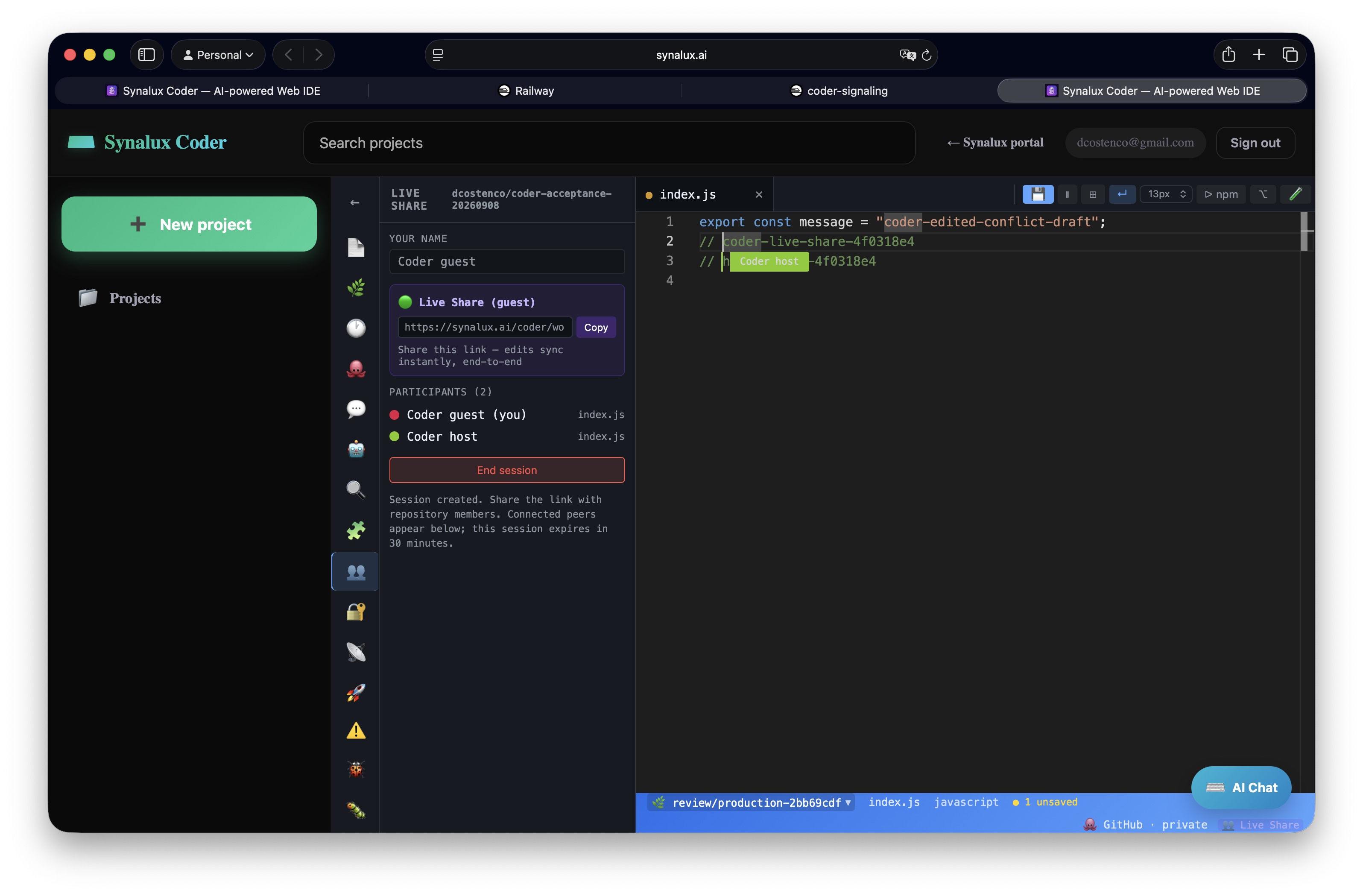 Live Share guest receiving the host return edit and labeled remote cursor
