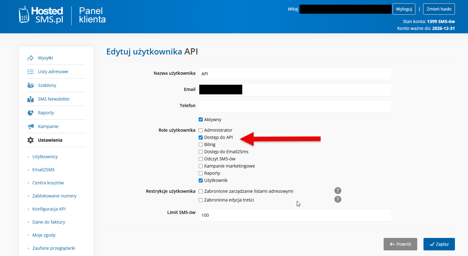 Konfiguracja konta HostedSms
