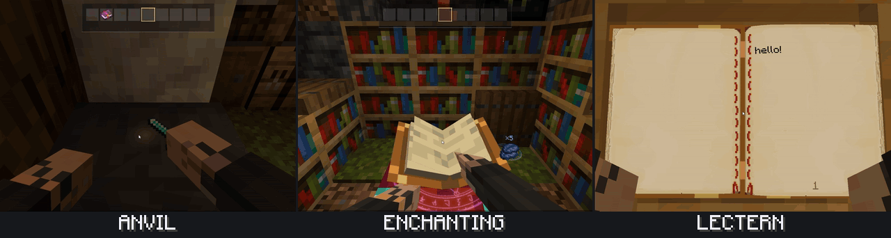 Animated anvil, enchanting and lectern scenes