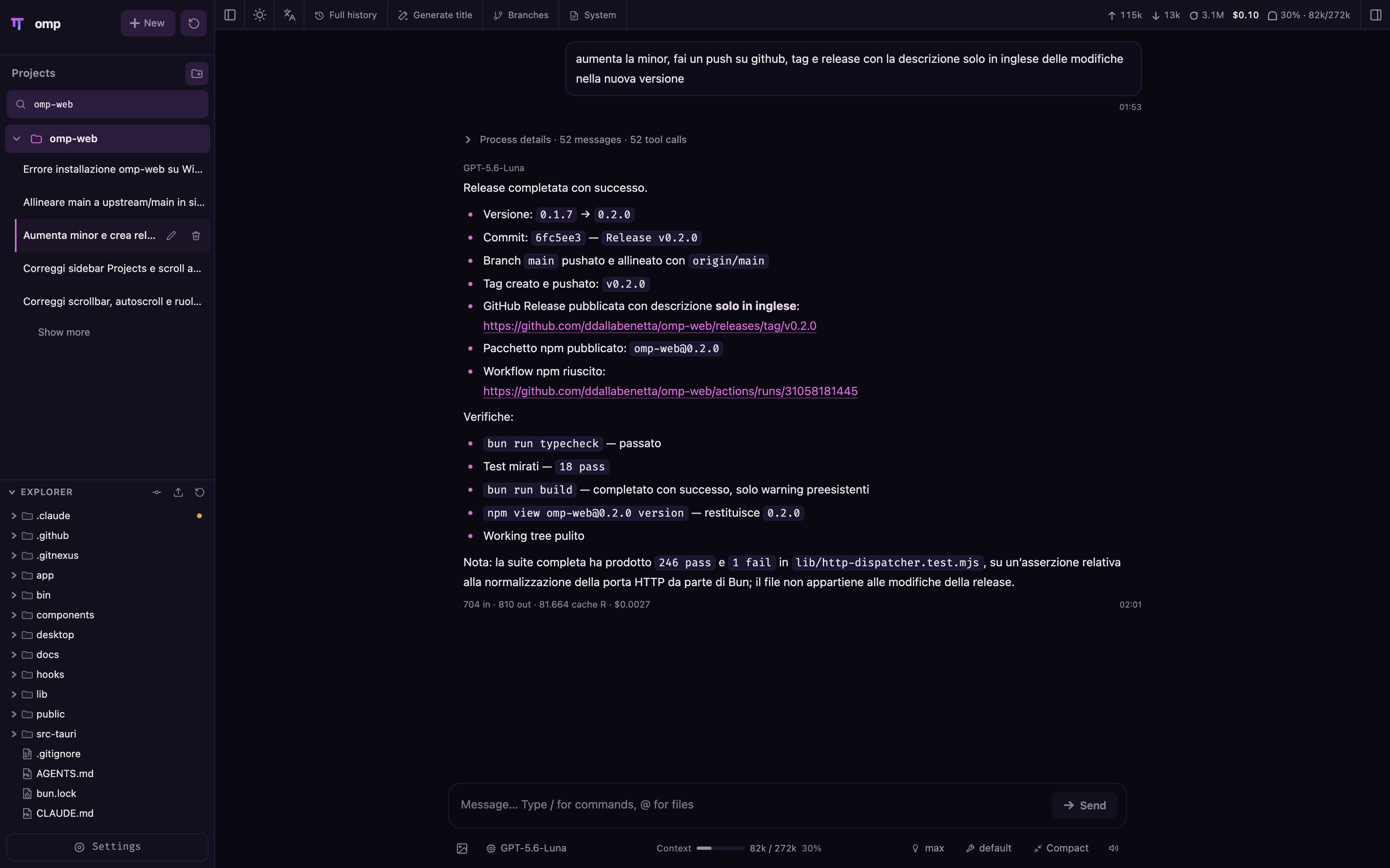 Chat view showing an agent run with tool calls, cost, and context usage