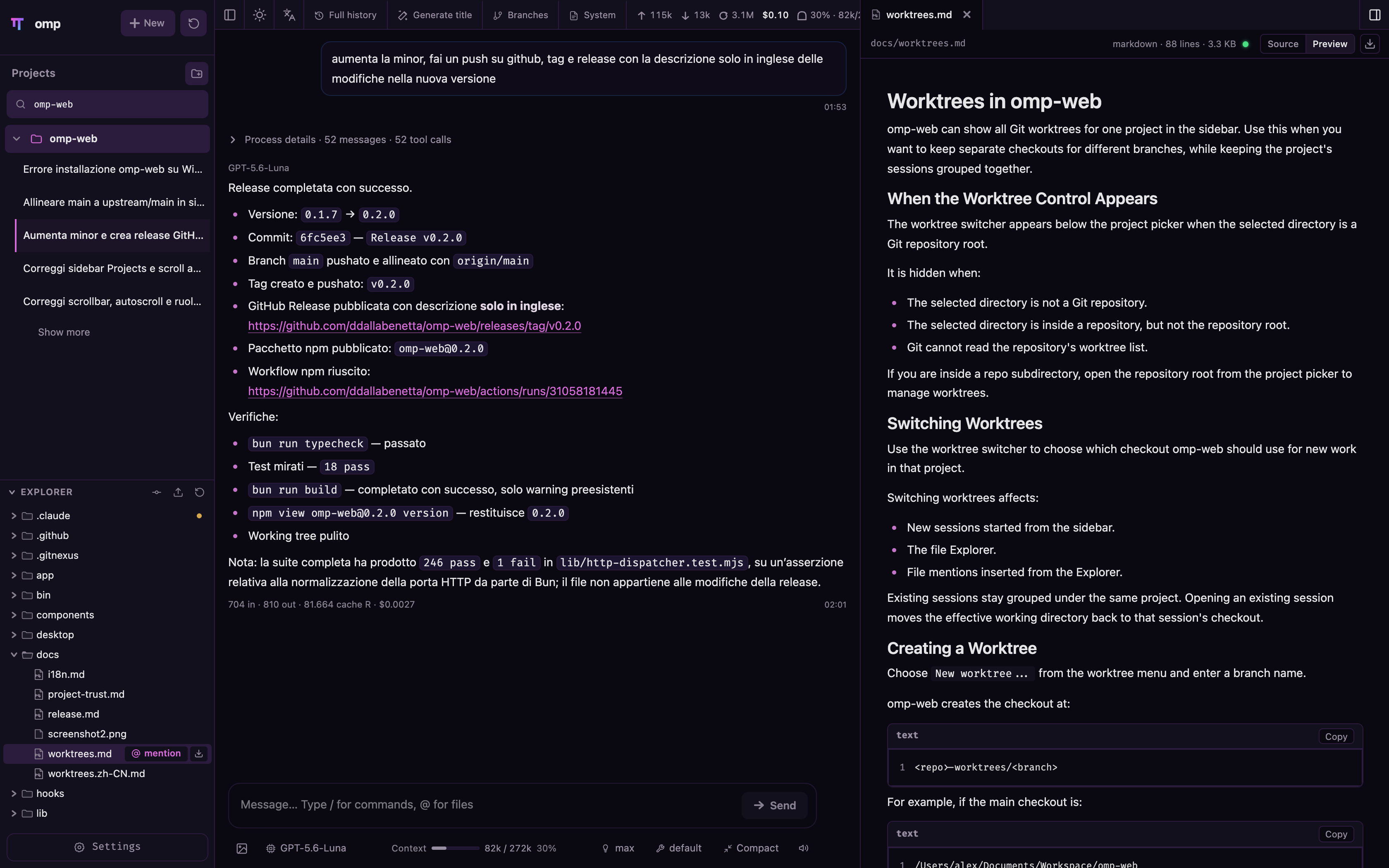 Chat pane next to a rendered Markdown file preview
